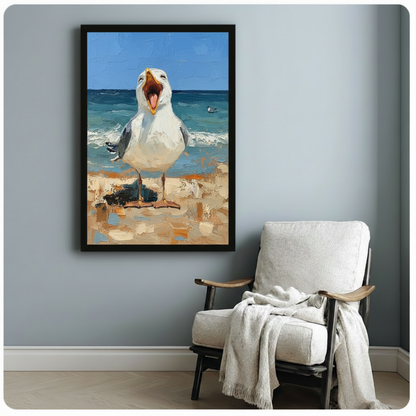 Screaming Seagull Beach Funny Coastal Oil Painting Canvas Art
