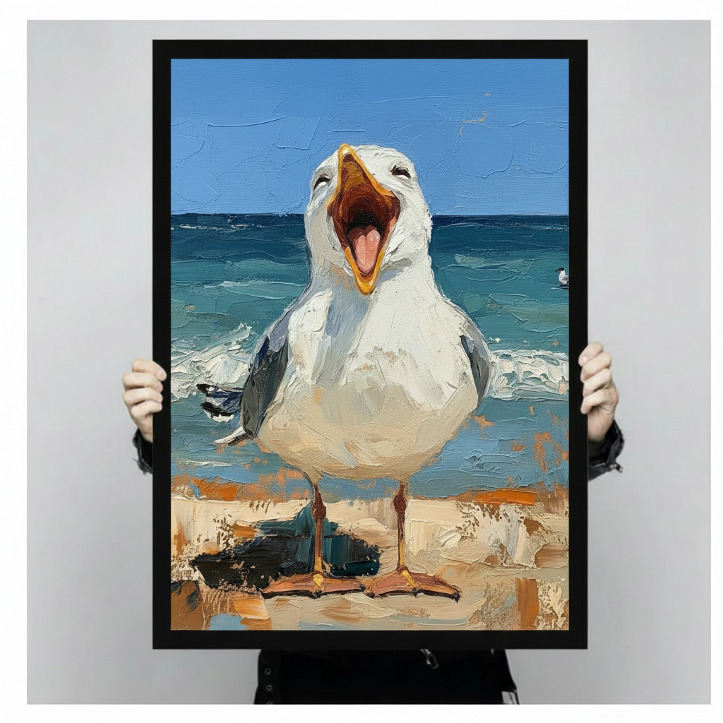 Screaming Seagull Beach Funny Coastal Oil Painting Canvas Art
