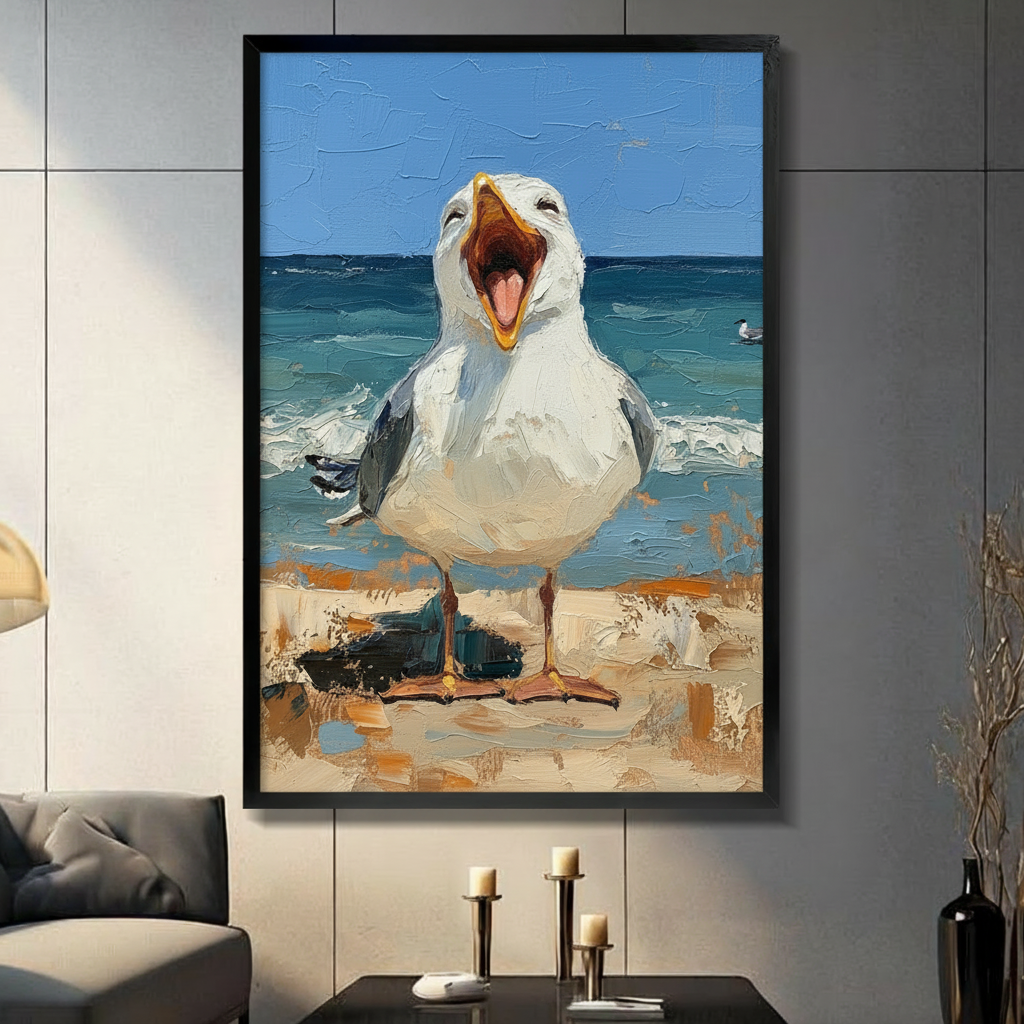 Screaming Seagull Beach Funny Coastal Oil Painting Canvas Art