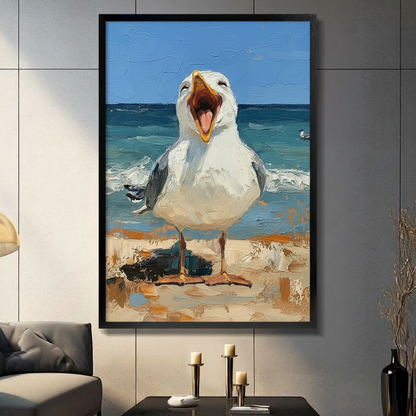 Screaming Seagull Beach Funny Coastal Oil Painting Canvas Art