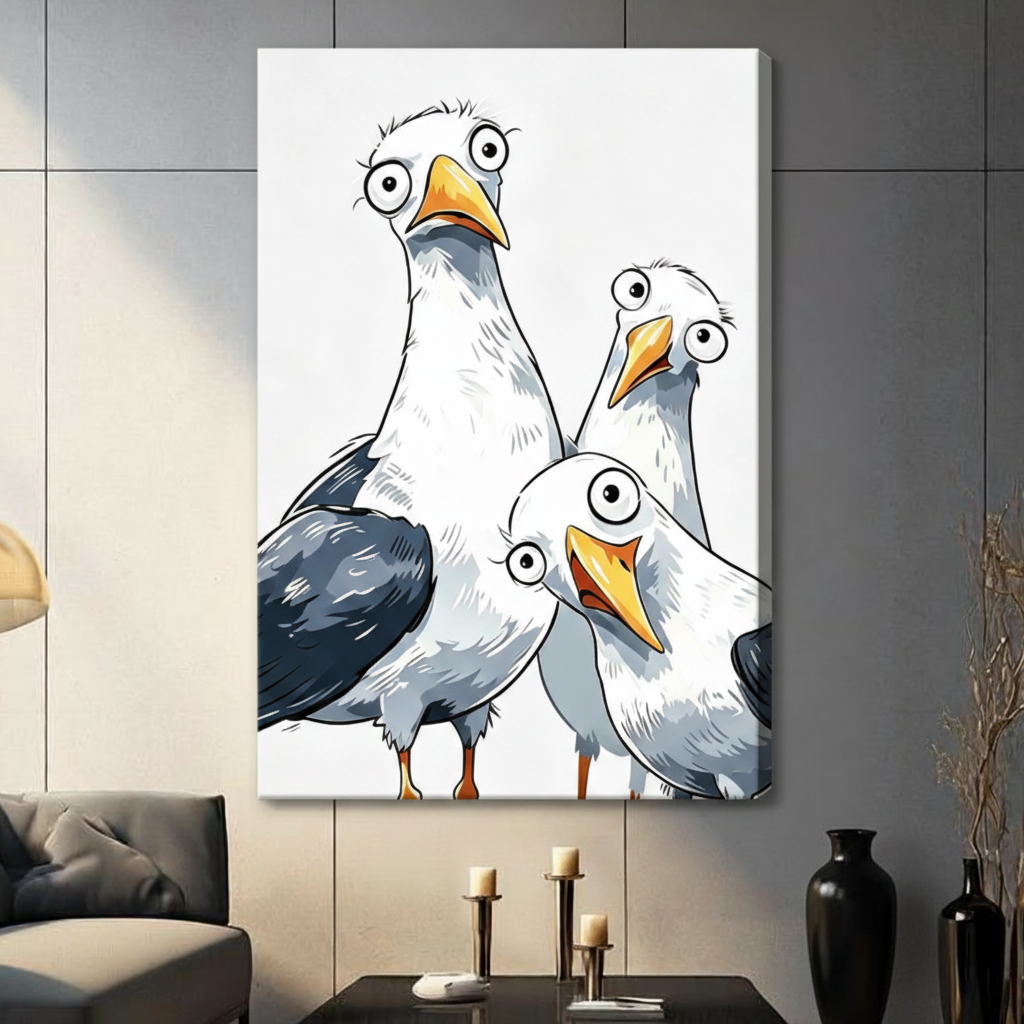 Funny Cartoon Seagull Trio Framed Canvas Art Wall Art
