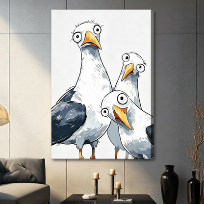 Funny Cartoon Seagull Trio Framed Canvas Art Wall Art