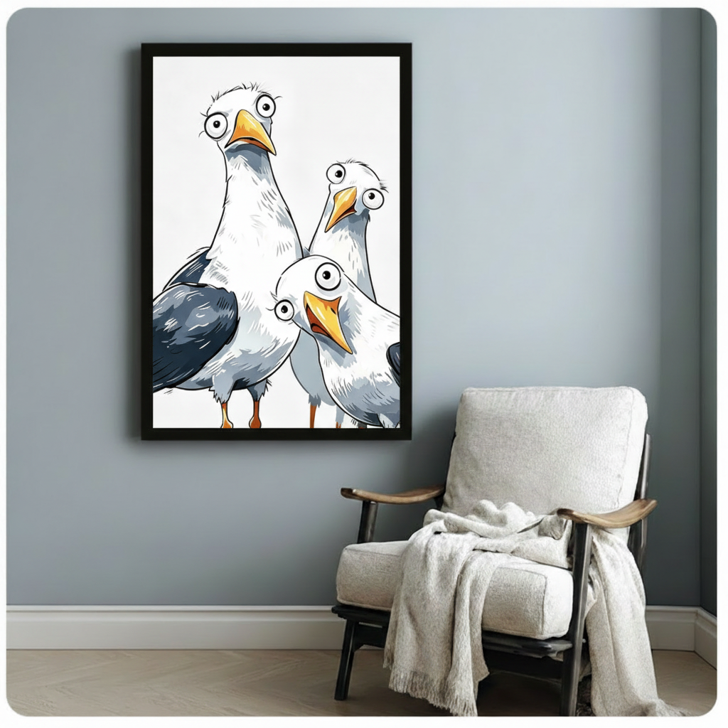Funny Cartoon Seagull Trio Framed Canvas Art Wall Art