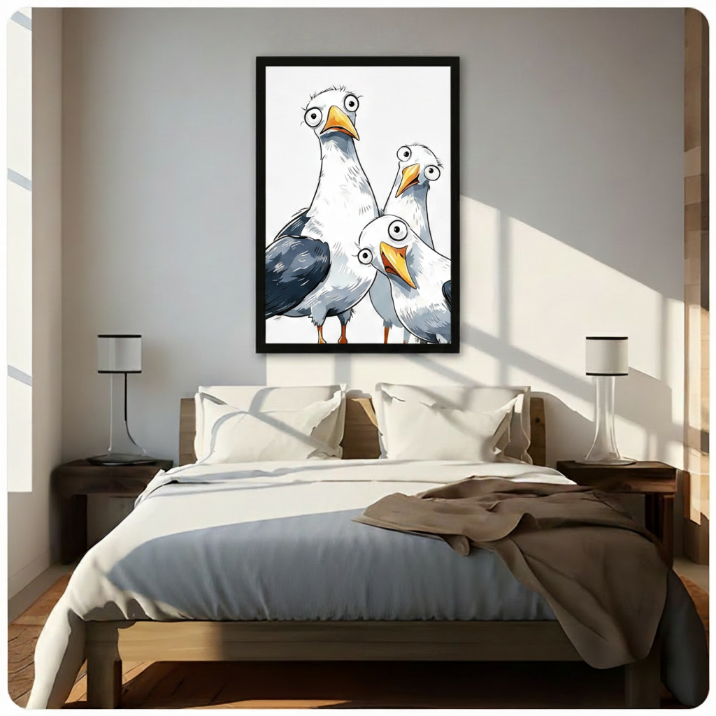 Funny Cartoon Seagull Trio Framed Canvas Art Wall Art