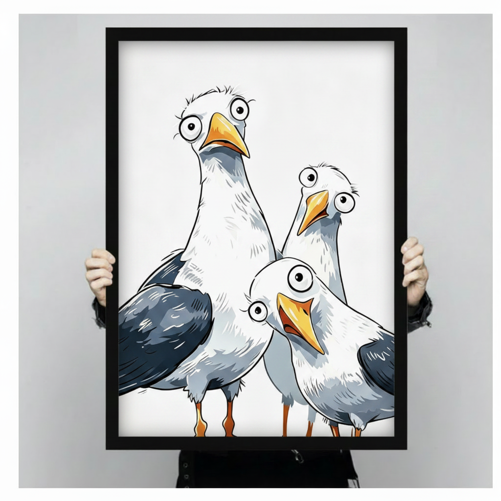 Funny Cartoon Seagull Trio Framed Canvas Art Wall Art
