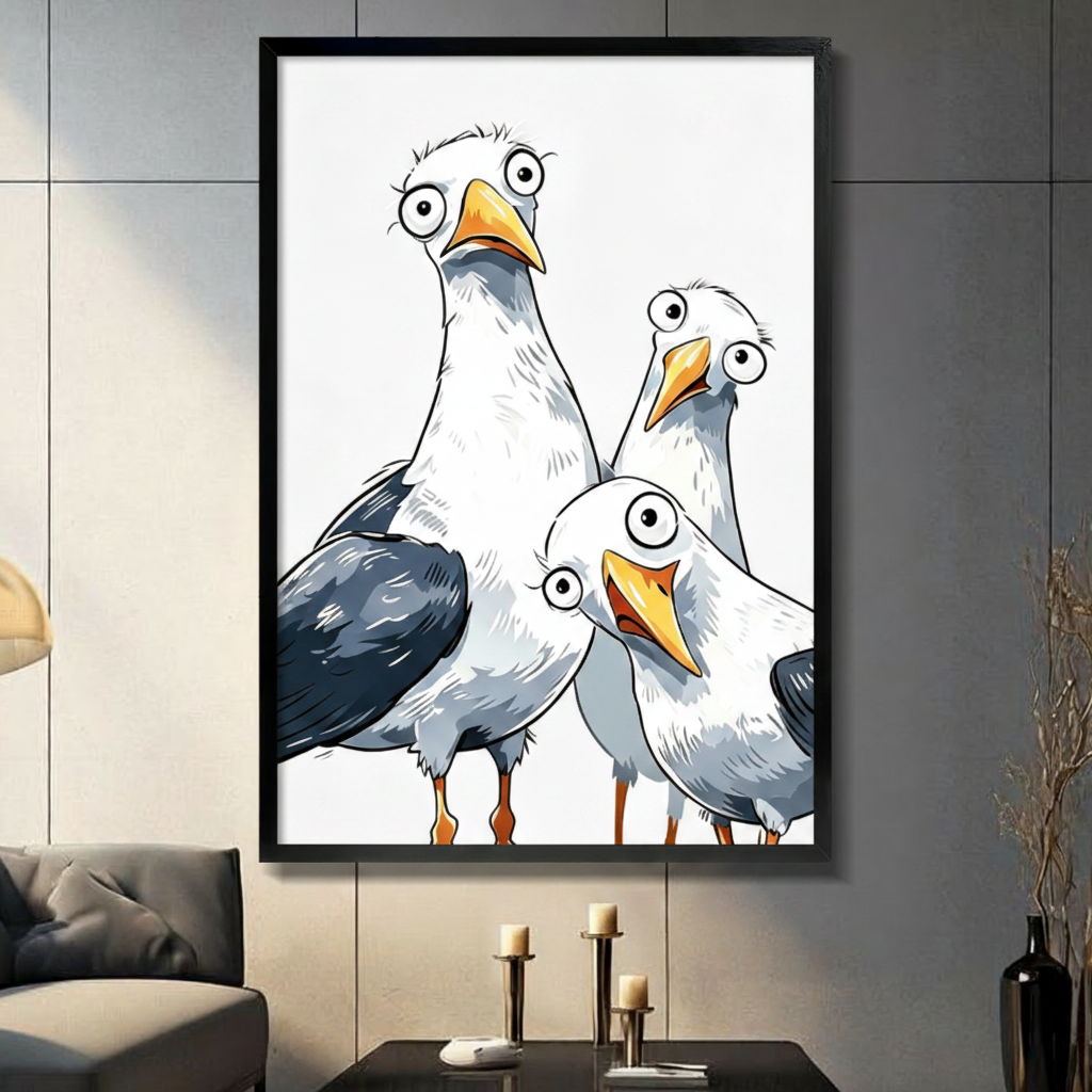 Funny Cartoon Seagull Trio Framed Canvas Art Wall Art