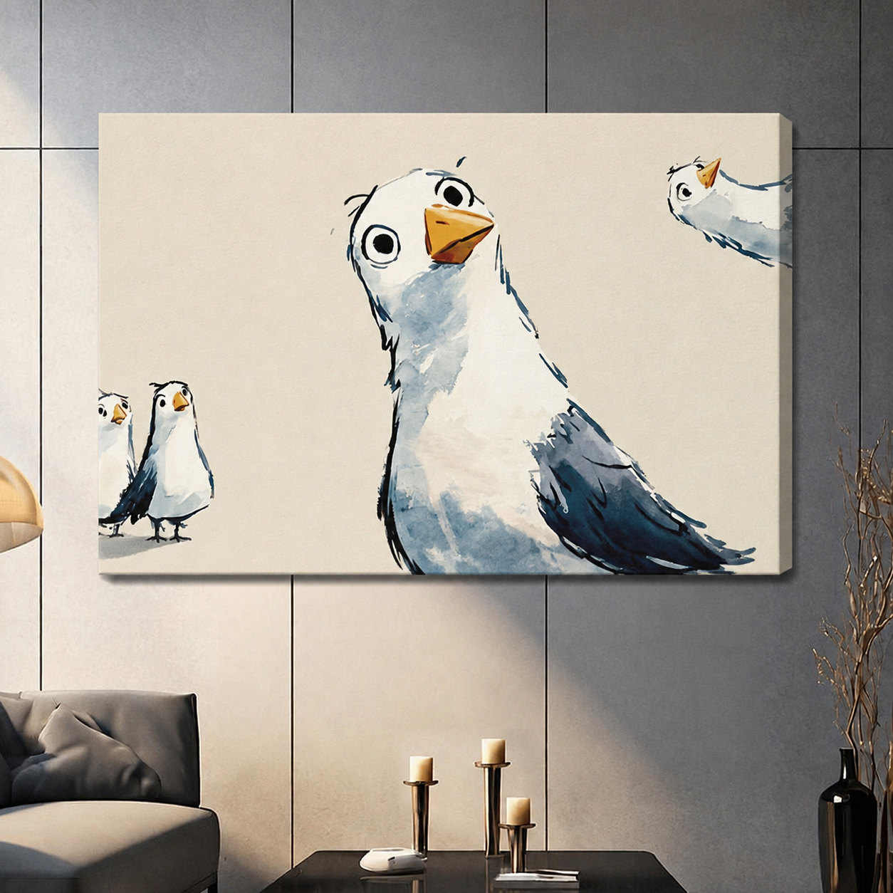 Whimsical Seagull Trio Canvas Wall Art