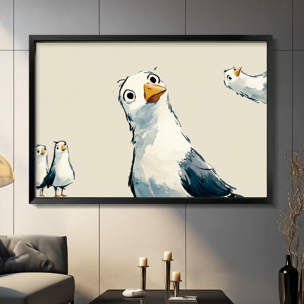 Whimsical Seagull Trio Canvas Wall Art