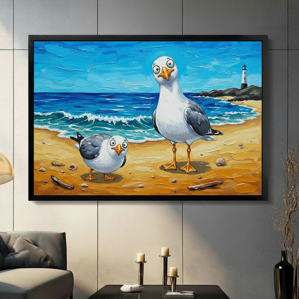Funny Seagulls Beach Oil Painting Canvas Wall Art