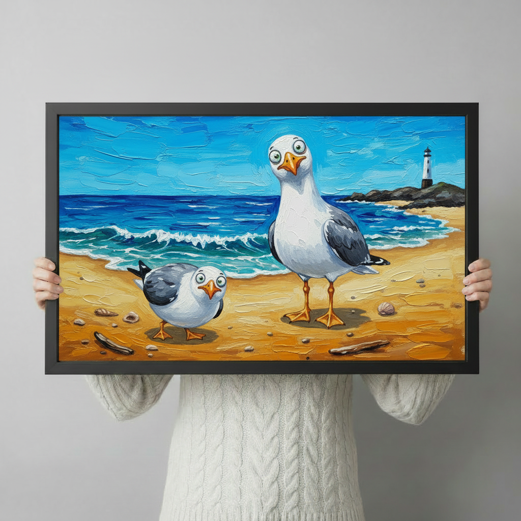 Funny Seagulls Beach Oil Painting Canvas Wall Art