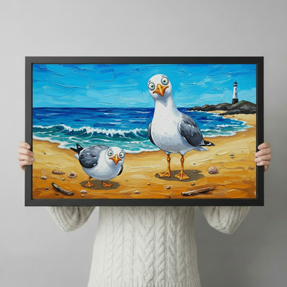 Funny Seagulls Beach Oil Painting Canvas Wall Art