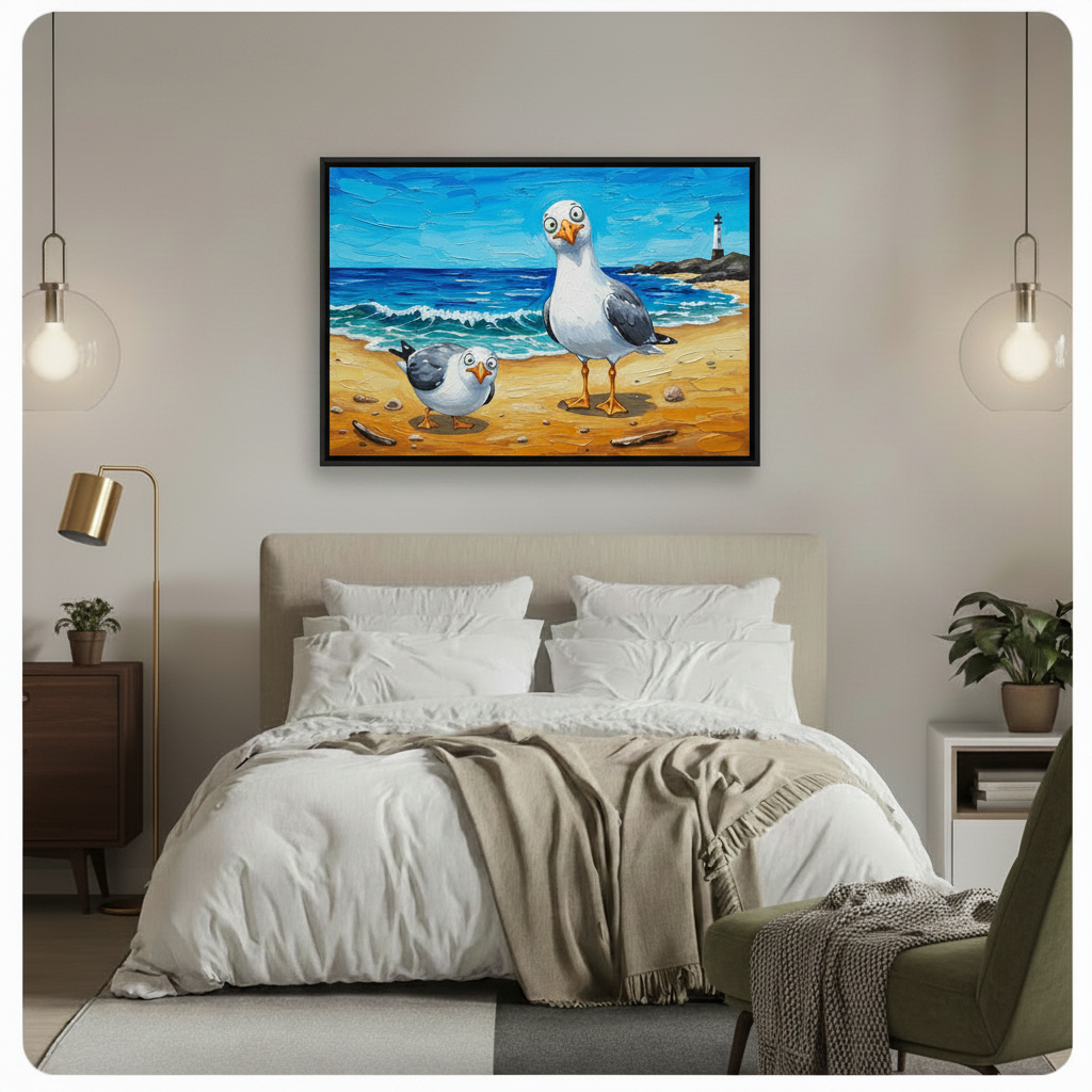 Funny Seagulls Beach Oil Painting Canvas Wall Art