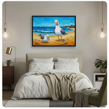 Funny Seagulls Beach Oil Painting Canvas Wall Art