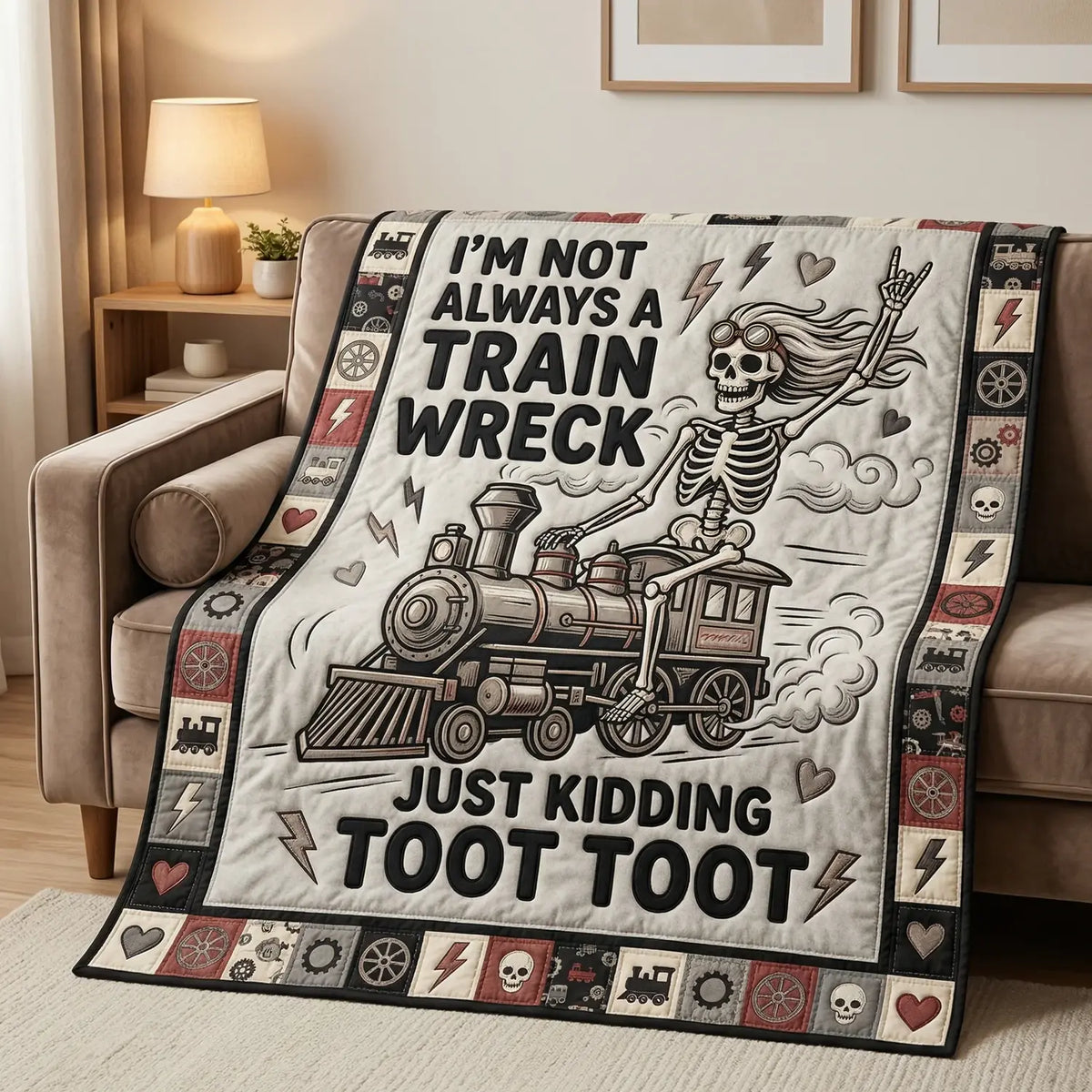 Funny Skeleton Train Wreck Quilt Blanket