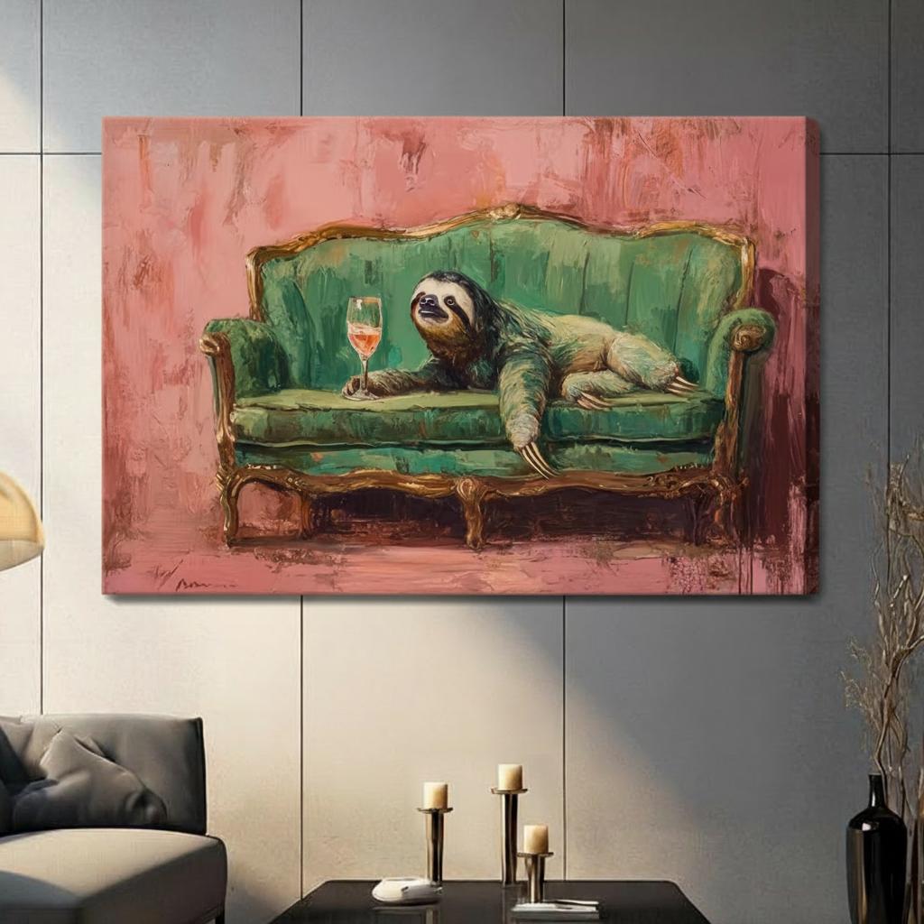 Sloth Drinking Wine Funny Canvas Wall Art