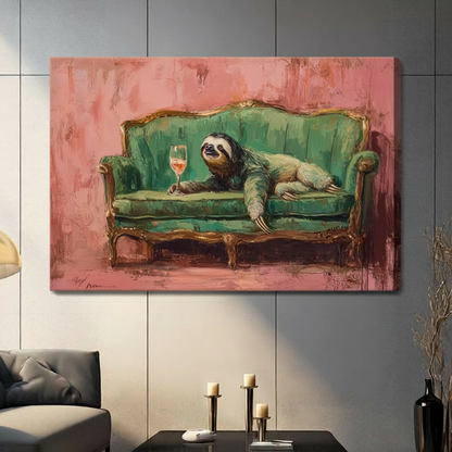 Sloth Drinking Wine Funny Canvas Wall Art