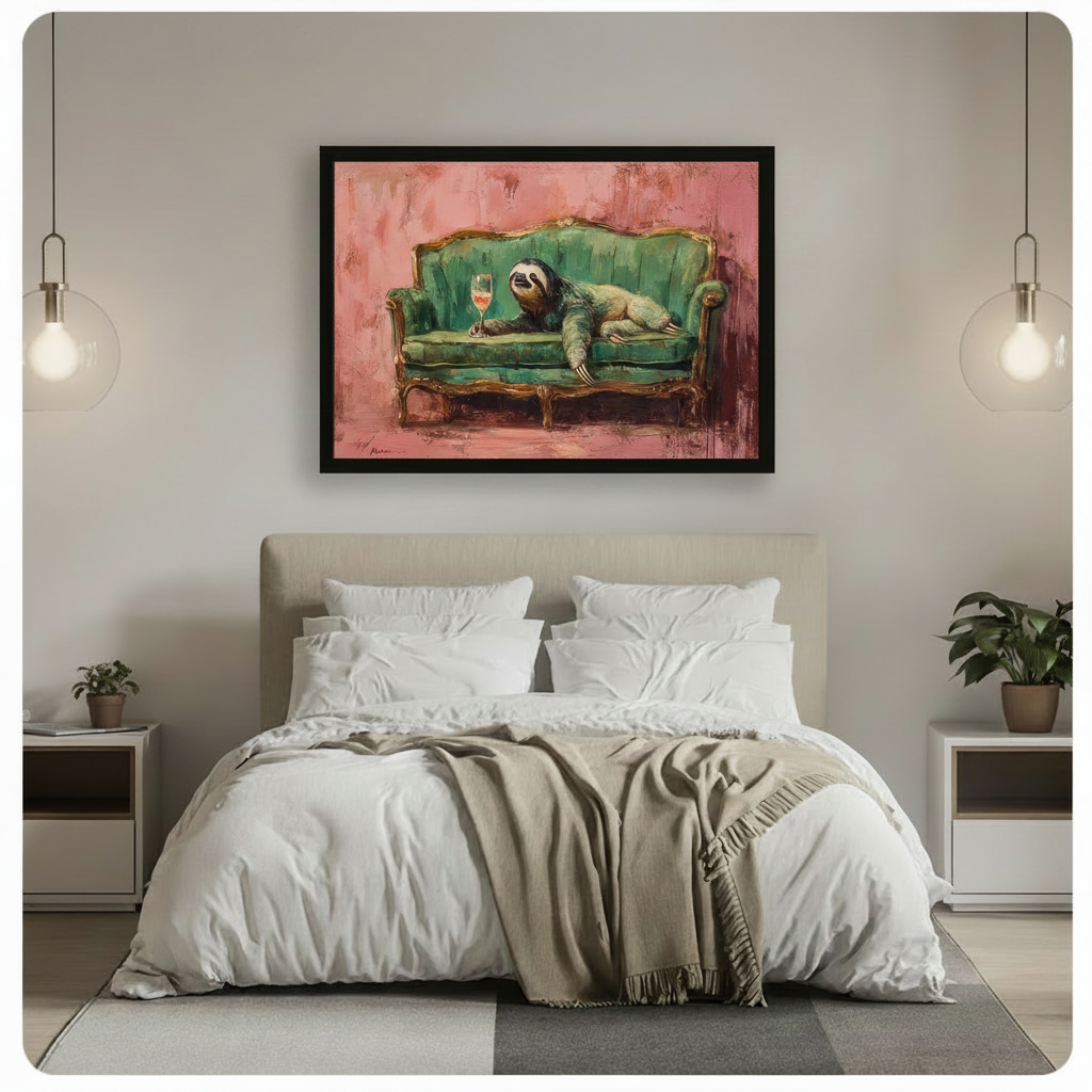 Sloth Drinking Wine Funny Canvas Wall Art