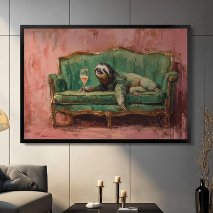 Sloth Drinking Wine Funny Canvas Wall Art
