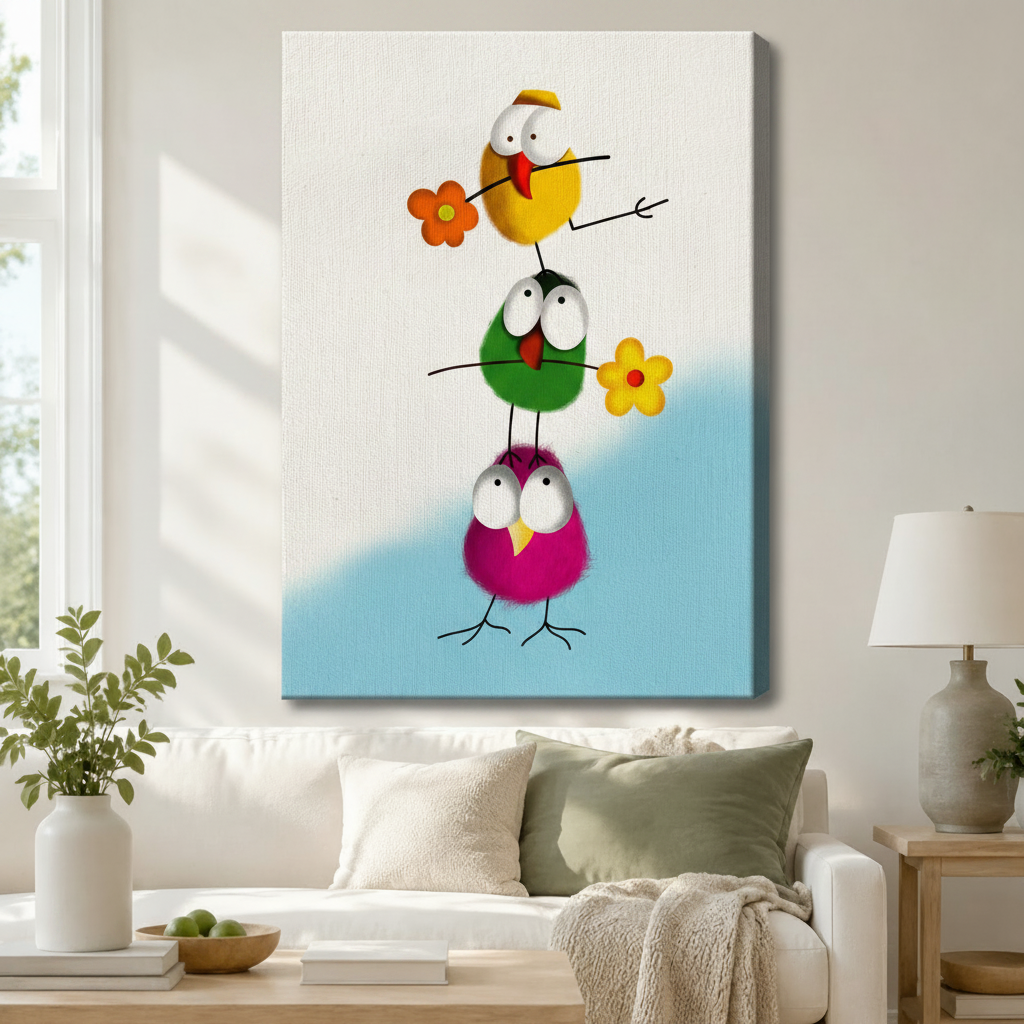 Colorful Stacked Birds Whimsical Canvas Wall Art