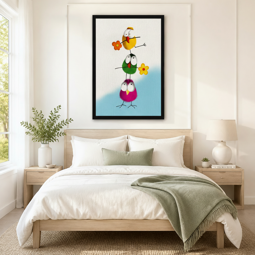 Colorful Stacked Birds Whimsical Canvas Wall Art