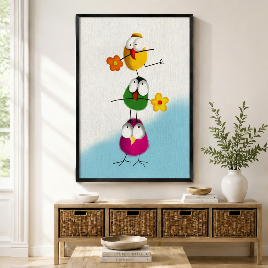Colorful Stacked Birds Whimsical Canvas Wall Art