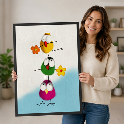 Colorful Stacked Birds Whimsical Canvas Wall Art