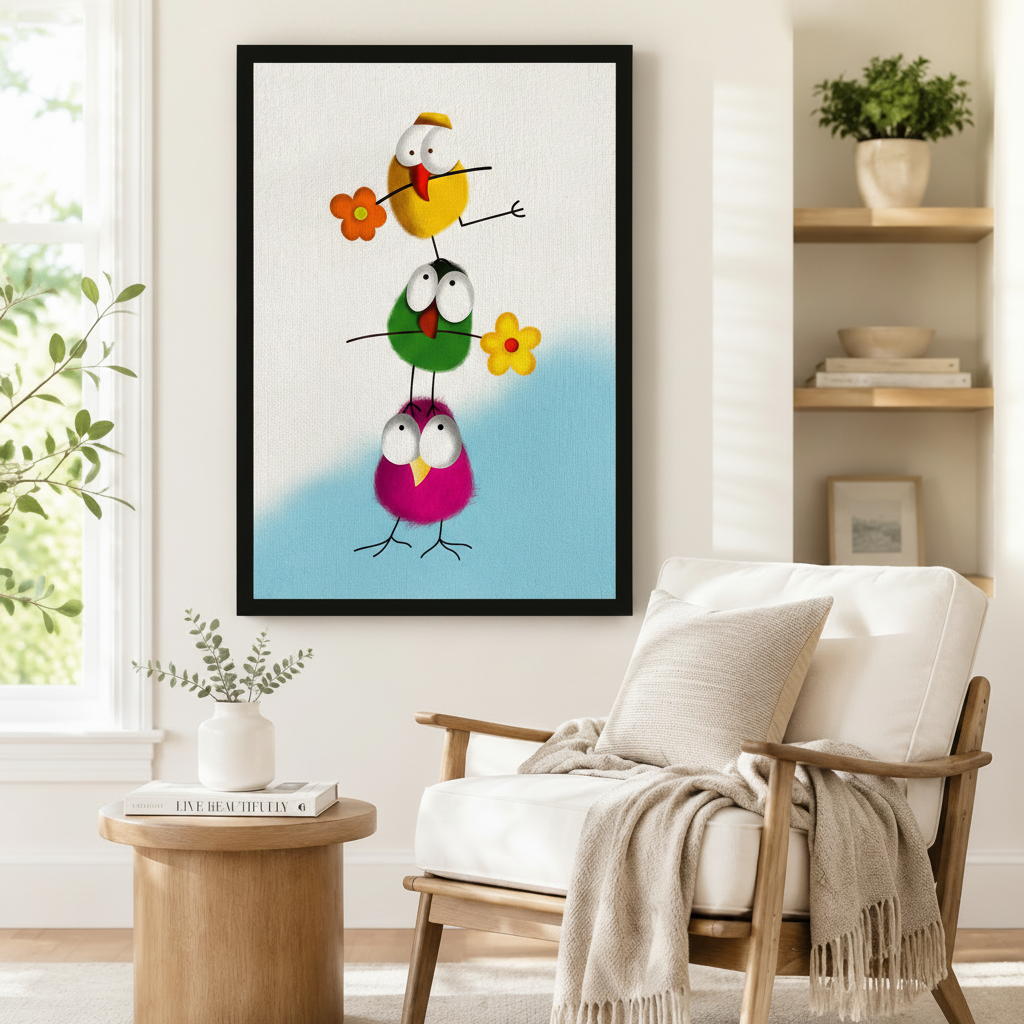 Colorful Stacked Birds Whimsical Canvas Wall Art