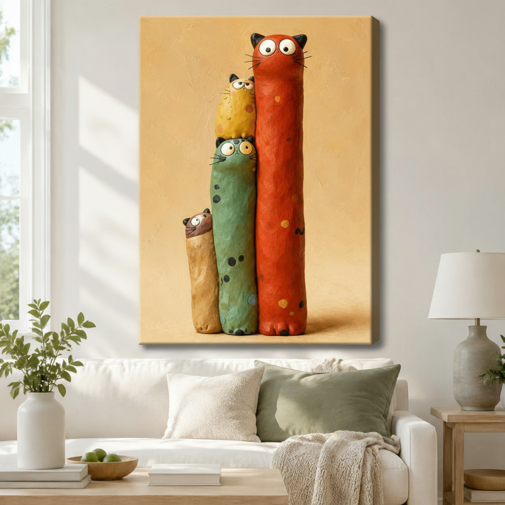Colorful Stacked Cats Whimsical Canvas Wall Art