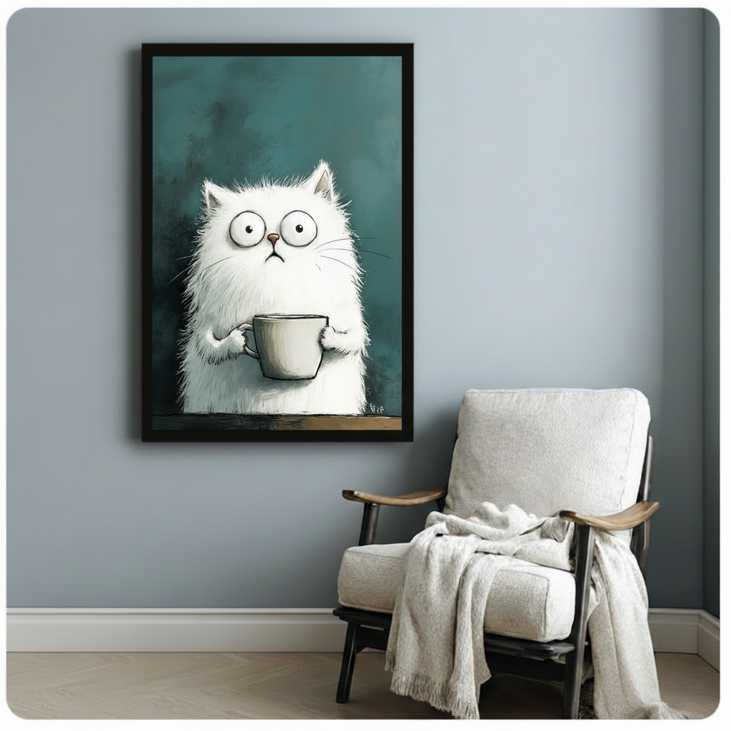 Fluffy White Cat Coffee Canvas Wall Art