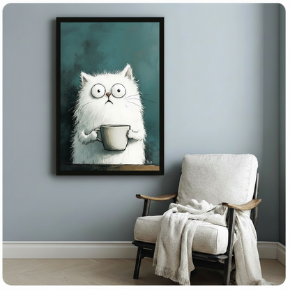 Fluffy White Cat Coffee Canvas Wall Art