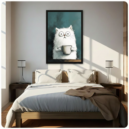 Fluffy White Cat Coffee Canvas Wall Art