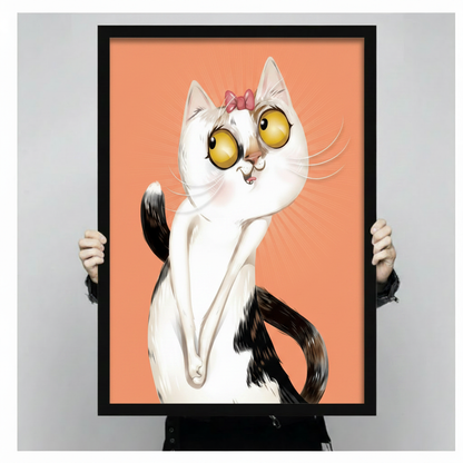 Sassy White Cat Bow Whimsical Canvas Wall Art