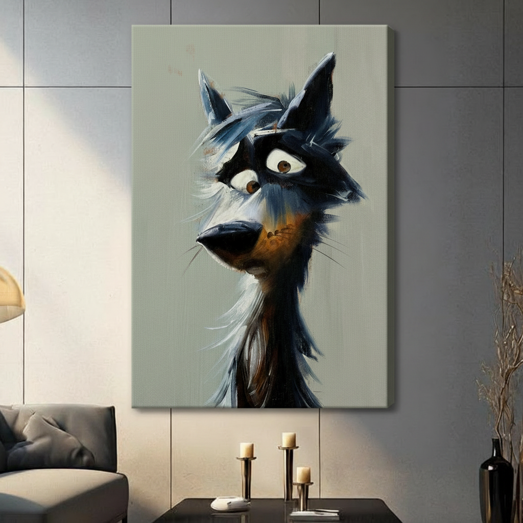 Quirky Dark Wolf Portrait Canvas Wall Art