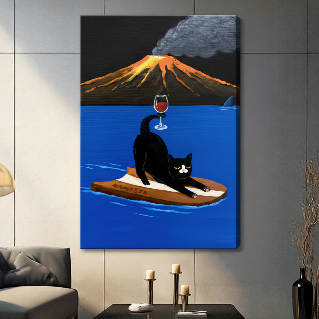 Surreal Cat Yoga Volcano Canvas Art Wall Art