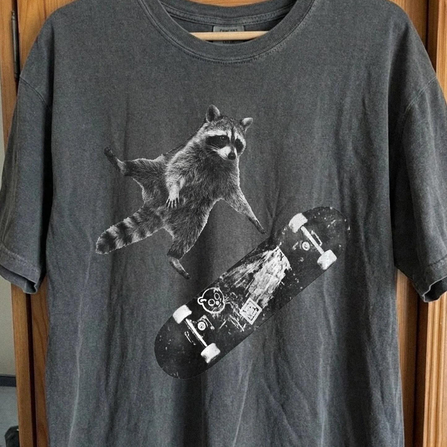 Skateboarding Raccoon Shirt – Mid Air Chaos Tee, funny meme tee gift
