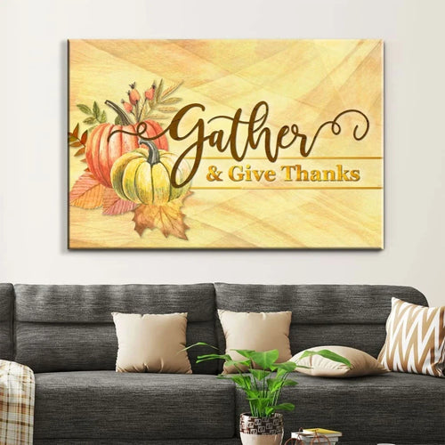 gather and give thanks christian thanksgiving wall art canvas (Landscape)