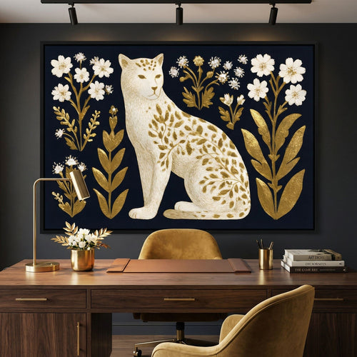 Golden Botanical Leopard Cat Canvas Wall Art