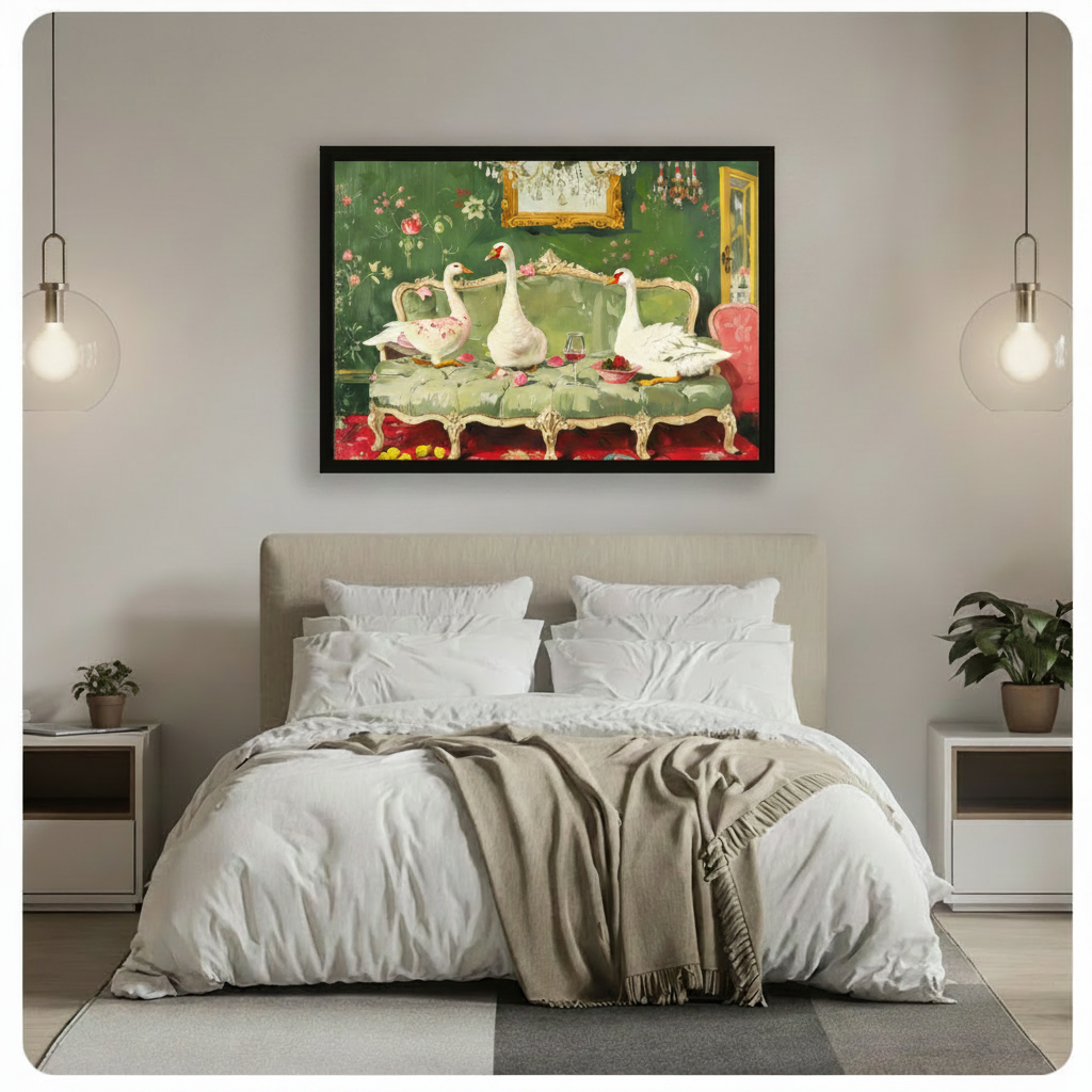 Geese on Sofa Maximalist Floral Canvas Art Wall Art