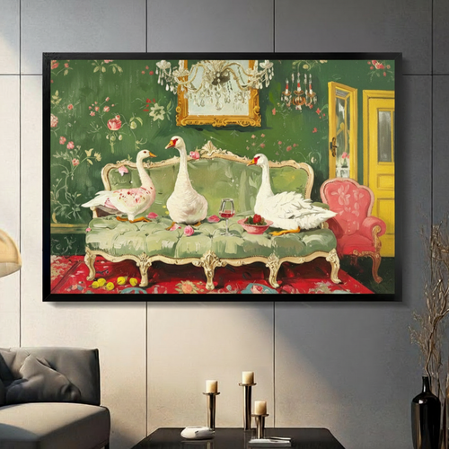 Geese on Sofa Maximalist Floral Canvas Art Wall Art