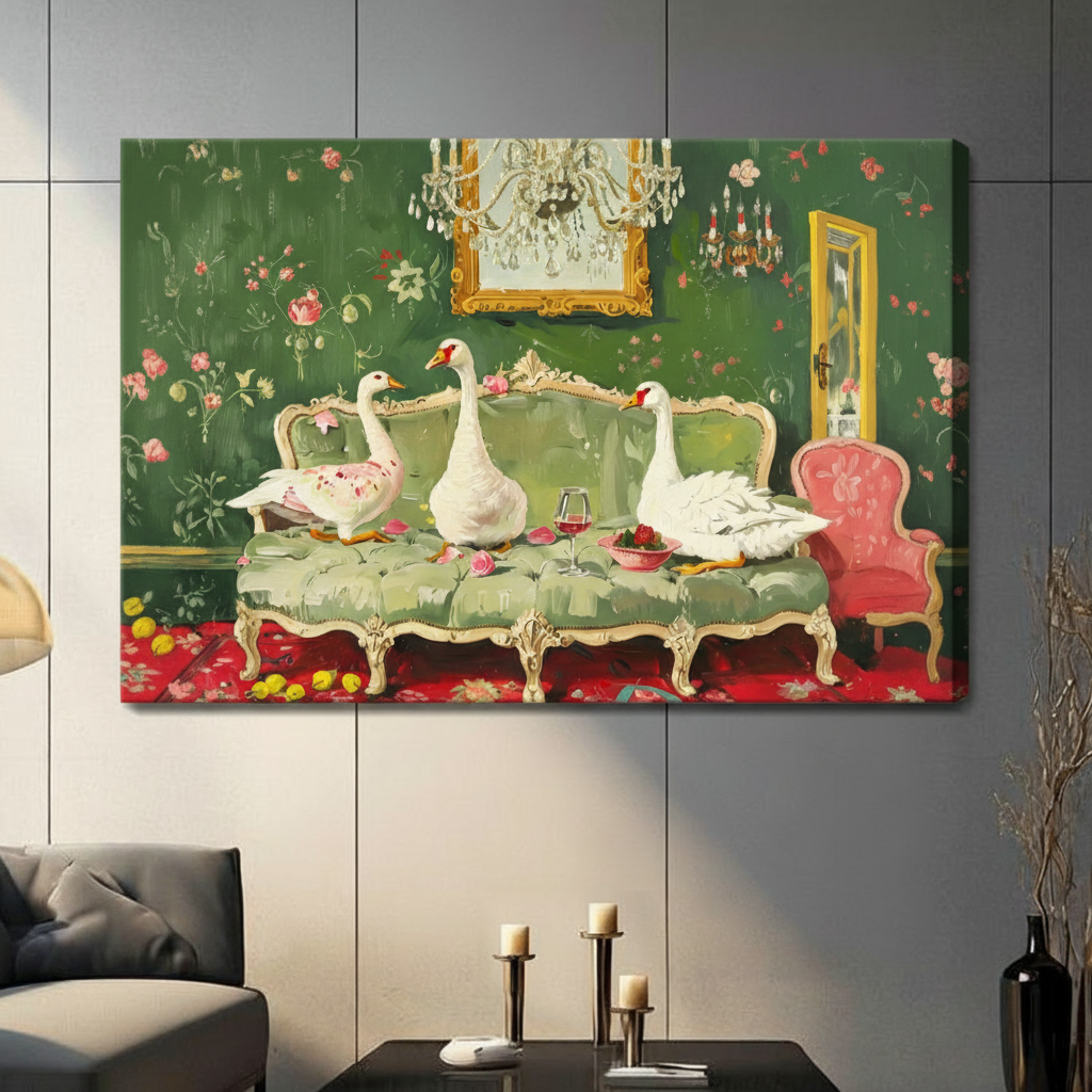 Geese on Sofa Maximalist Floral Canvas Art Wall Art