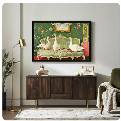 Geese on Sofa Maximalist Floral Canvas Art Wall Art