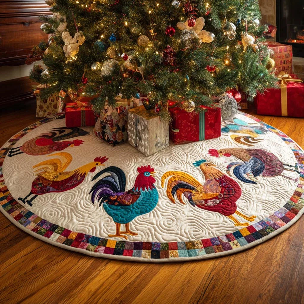 Gentle Rooster Christmas Quilted Tree Skirt
