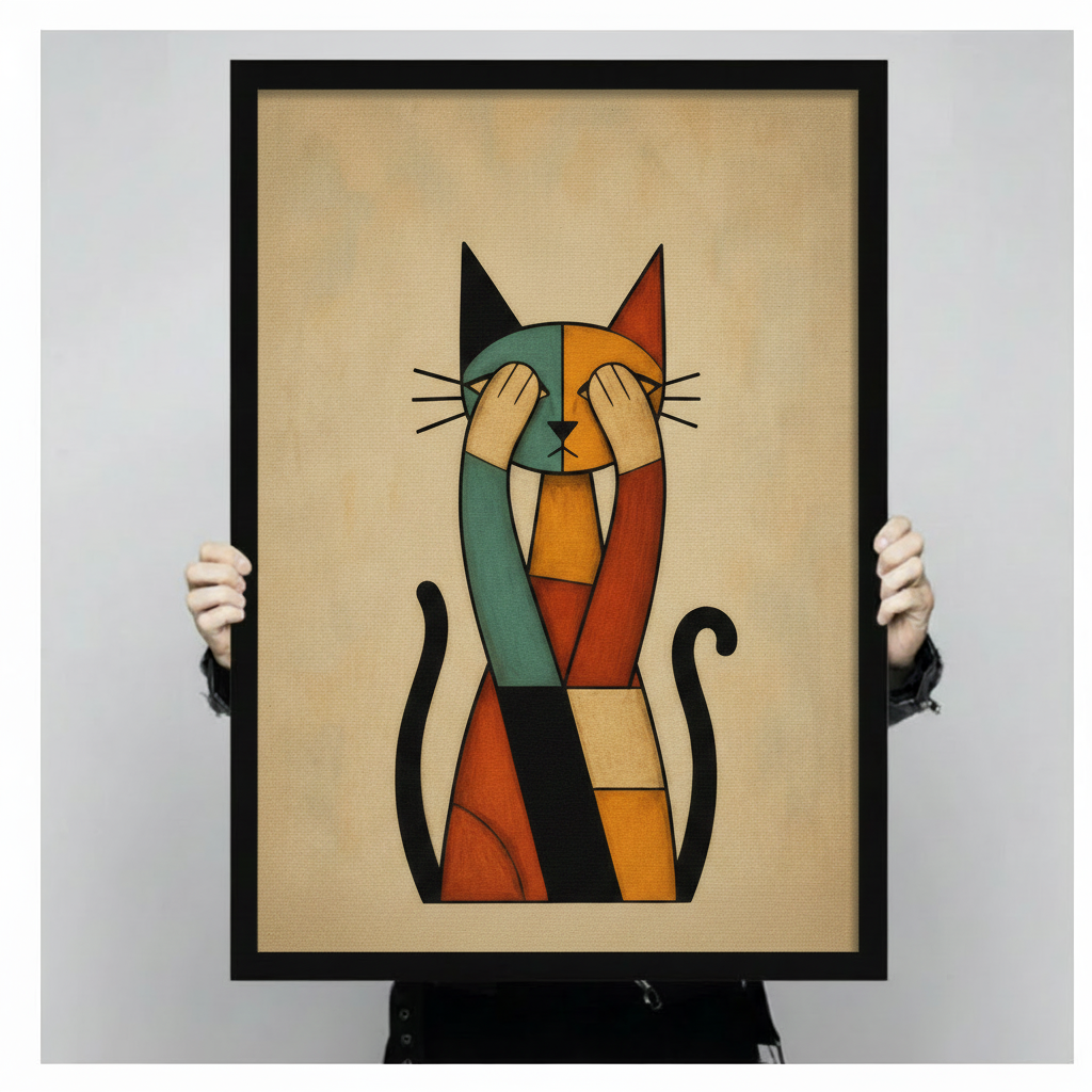 Cubist Abstract Cat Framed Canvas Wall Art