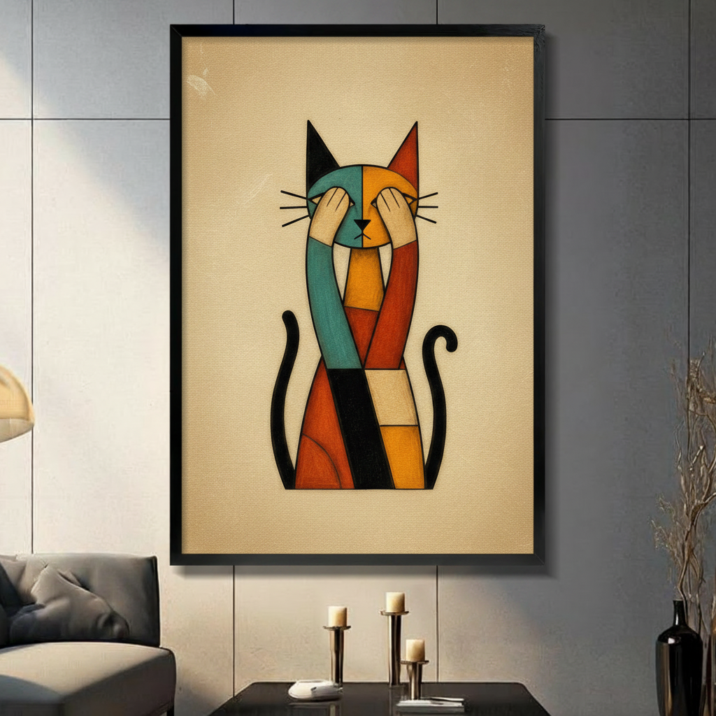 Cubist Abstract Cat Framed Canvas Wall Art
