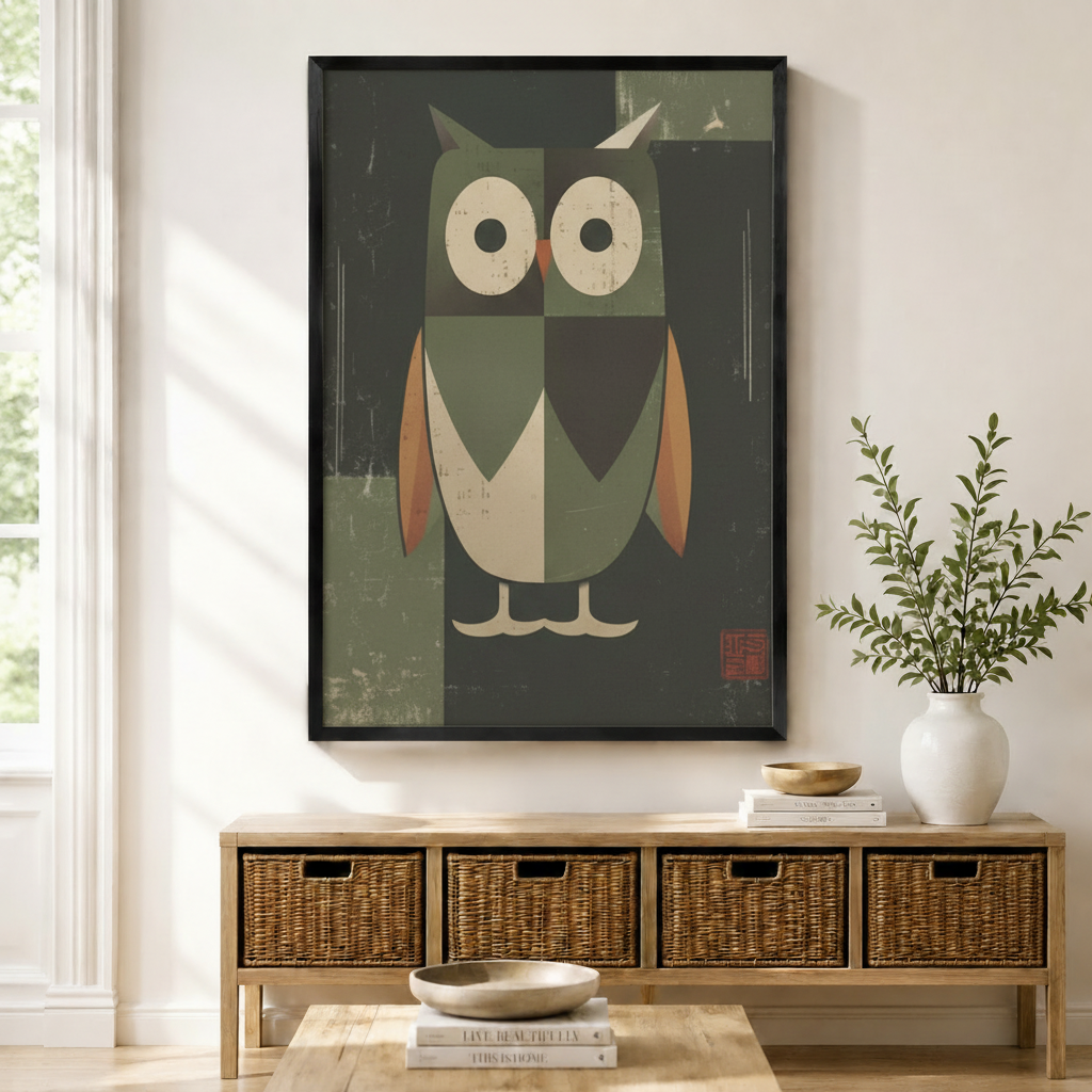 Retro Geometric Owl Framed Canvas Wall Art