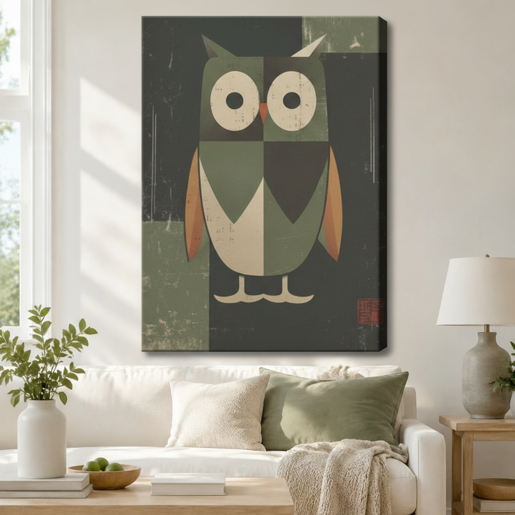 Retro Geometric Owl Framed Canvas Wall Art