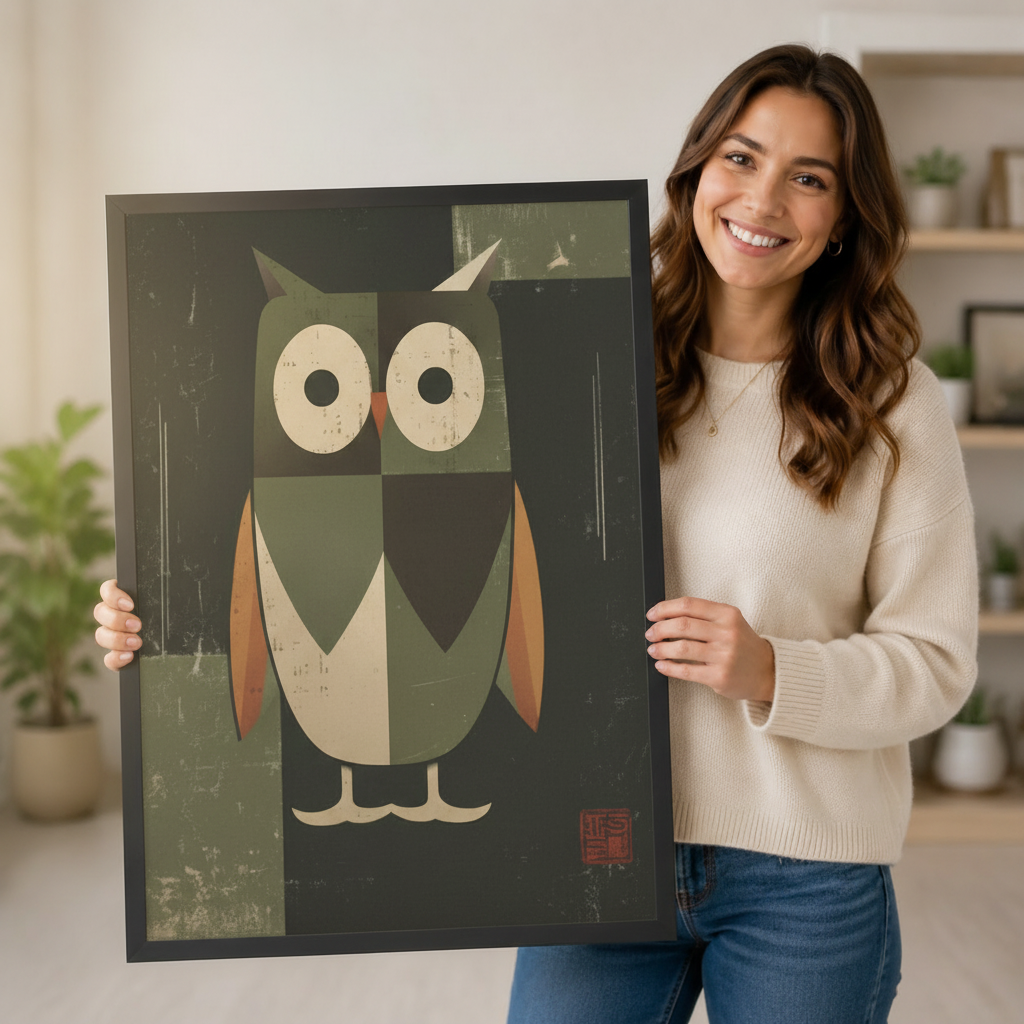 Retro Geometric Owl Framed Canvas Wall Art