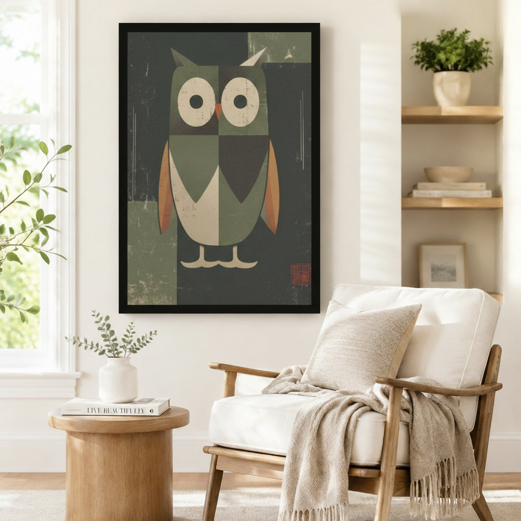 Retro Geometric Owl Framed Canvas Wall Art