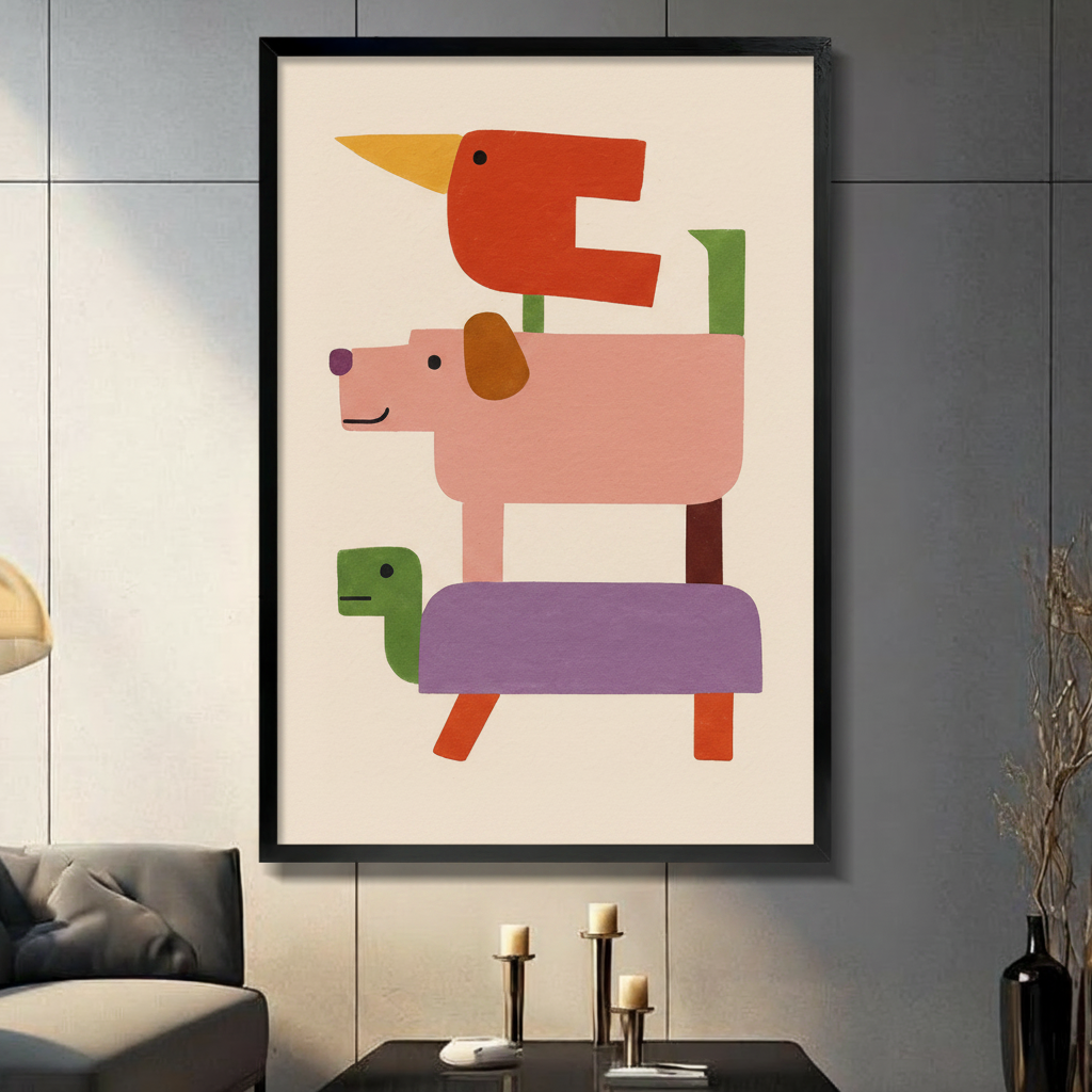 Geometric Stacked Animals Colorful Canvas Wall Art