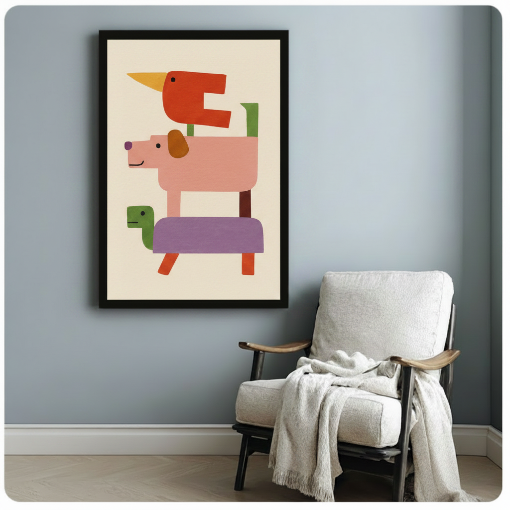 Geometric Stacked Animals Colorful Canvas Wall Art